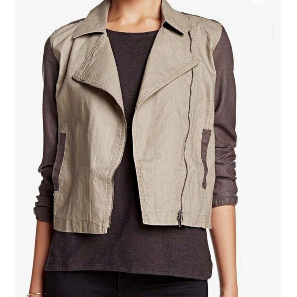 Eileen Fisher Organic‎ Linen Moto Jacket Size Large In Stone Asymmetrical Zip